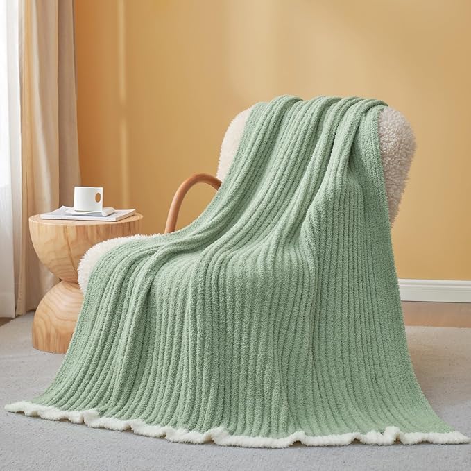 Snuggle Sac Soft King Size Blanket for Bed, Cozy Soft Fuzzy Microfiber Knit Stripe Bedding Blankets, Sage Green, 108x90 inches
