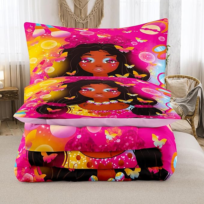 Tailor Shop Kawaii Black Girl Comforter Set King Bedding Sets for Girls Fantasy Magic Cosmetic Pink Comforter African American Black Girl Bedding Set Girls Room Decor with 2 Pillowcases