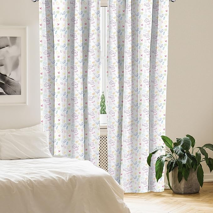 Ambesonne Cartoon Curtains, Drawing Style Elephants Teddy Bears Flowers Butterflies Bees Pattern, Window Treatments 2 Panel Set for Living Room Bedroom, Pair of - 28" x 84", Blue White