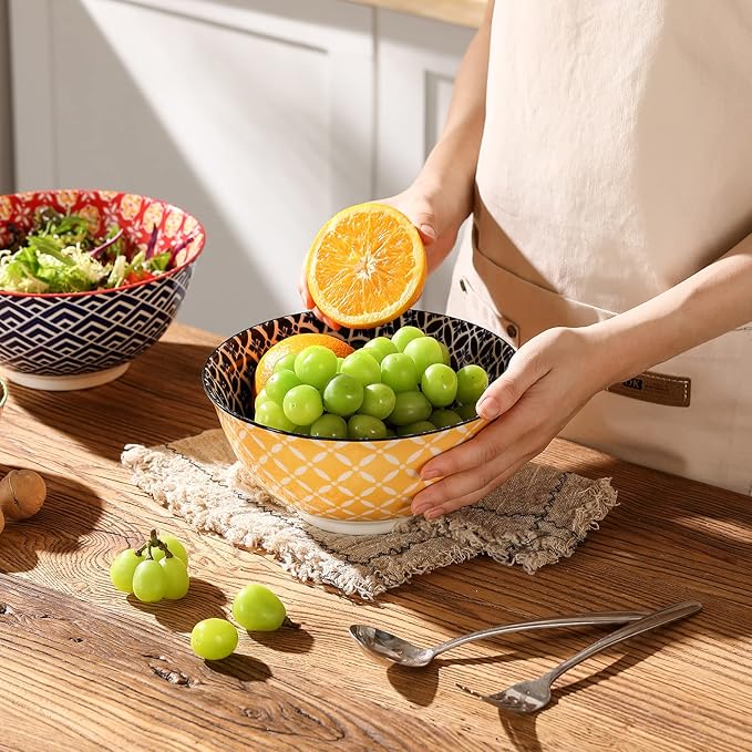 Large Salad Bowls, 48 Oz Serving Bowls for Soup, Pho, Pasta Rarmen, Stackable Ceramic Bowls for Kitchen, Set of 3, Microwave & Dishwasher Safe
