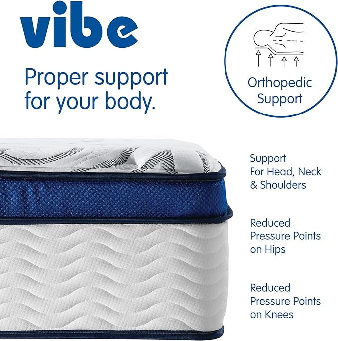 Vibe Quilted Hybrid Mattress, 12-Inch Innerspring and Pillow Top Gel Memory Foam Mattress, Fiberglass Free, CertiPUR-US Certified Bed in a Box, Queen