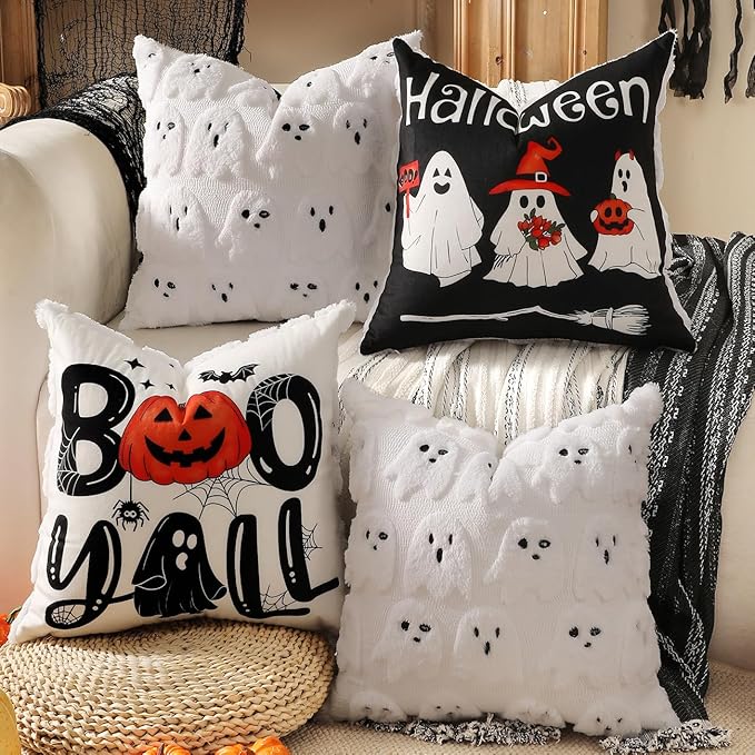 TOYPOPOR Halloween Decorations, 2 Packs Double Sided Ghost Pillow Covers, Soft Faux Fur Throw Pillow Cases, Indoor Outdoor Couch Cushion Case for Fall Autumn Bedroom Living Room Home Decor 16''x16''