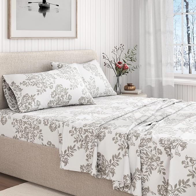 Great Bay Home Flannel Sheet Set California King Size - 100% Turkish Cotton, Double-Brushed, Winter Floral Bed Sheets - Ultra-Soft, Cozy, 4-Piece Bedding Set (Toile - Grey)