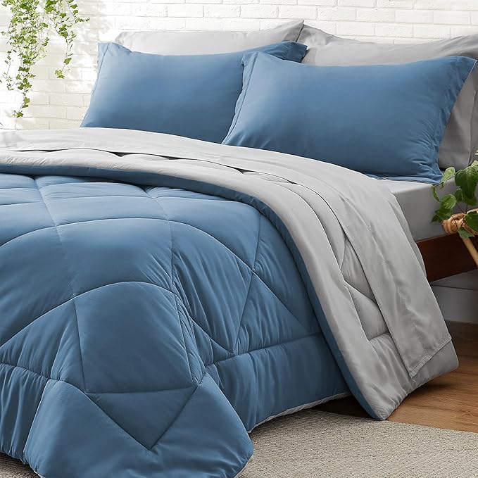BEDELITE King Size Comforter Set 7 Pieces Bed in A Bag - Soft Microfiber Reversible Blue Bed Set with Comforters, Sheets, Pillowcases & Shams, Cozy Luxury Bedding Sets for All Season