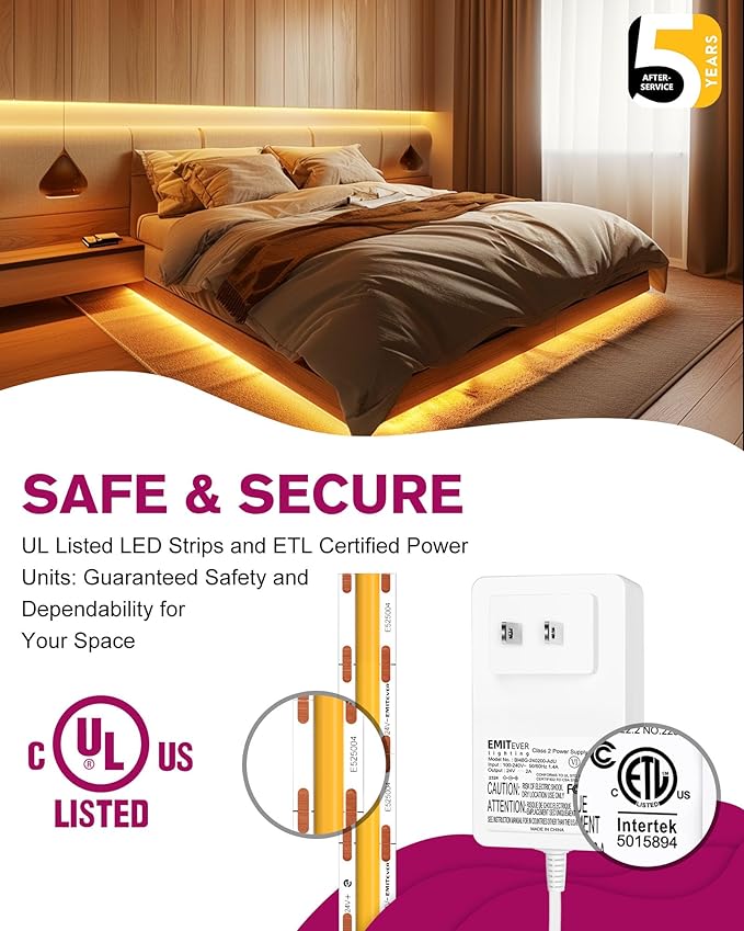 EMITEVER COB LED Strip Lights Kit Warm White with Remote & 24V Power Supply,16.4ft Dimmable Tape Light 2700K, High Density 2400LEDs, 300+LM/FT, CRI90+, Suitable for Bedroom Kitchen Cabinet Lighting