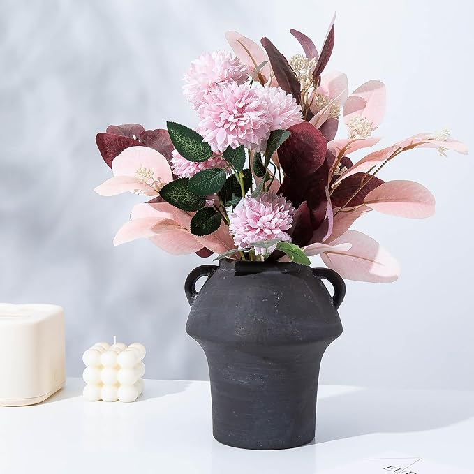 7 Inch Ceramic Vases with Handle, Rustic Vase forFlower, Vintage Terracotta Vases Home Decor, Christmas Decorative Farmhouse Vase for Home Decor, Living Room, Shelf Decor, Farmhouse, Table, Lyeec