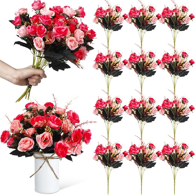 Hotop 12 Bunches of Artificial Flowers Centerpiece 13 Inches Silk Faux Roses Bouquets for Table Decoration Realistic Bouquet Arrangement Boho Faux Flowers for Wedding (Rose Red)