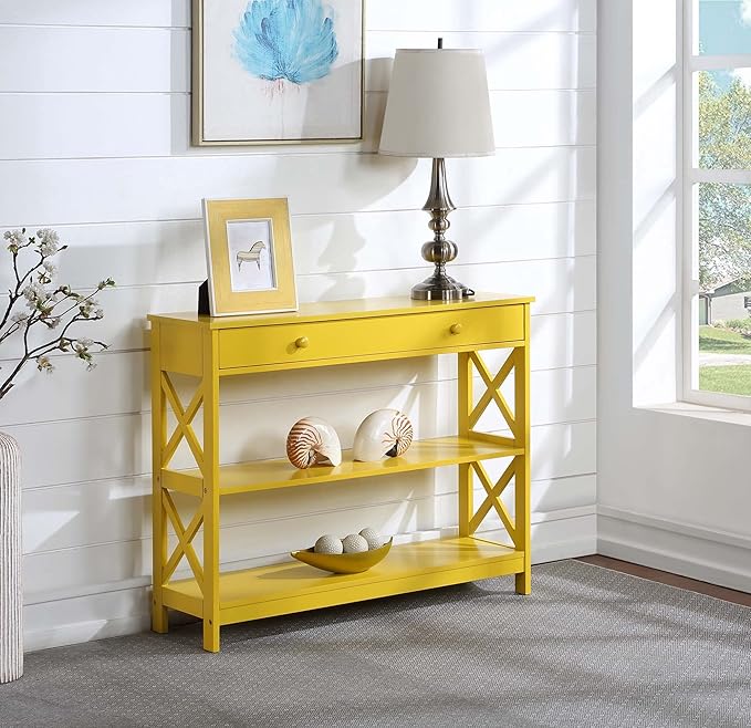 Convenience Concepts Oxford 1 Drawer Console Table with Shelves, Yellow
