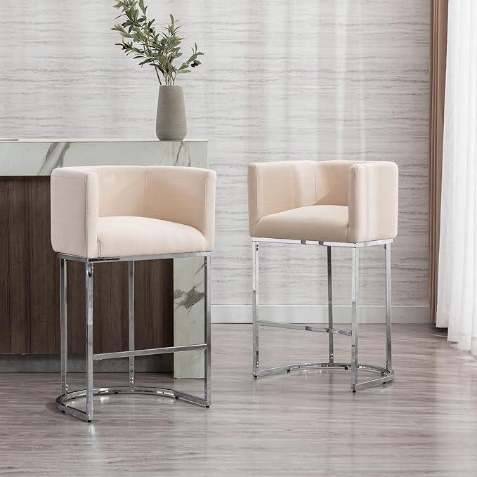Modern Counter Height Linen Upholstered Bar Stools Set of 3, 29" Kitchen Counter Island Stools Bar Chairs with Chrome Finish Metal Frame for Kitchen Island, Cream