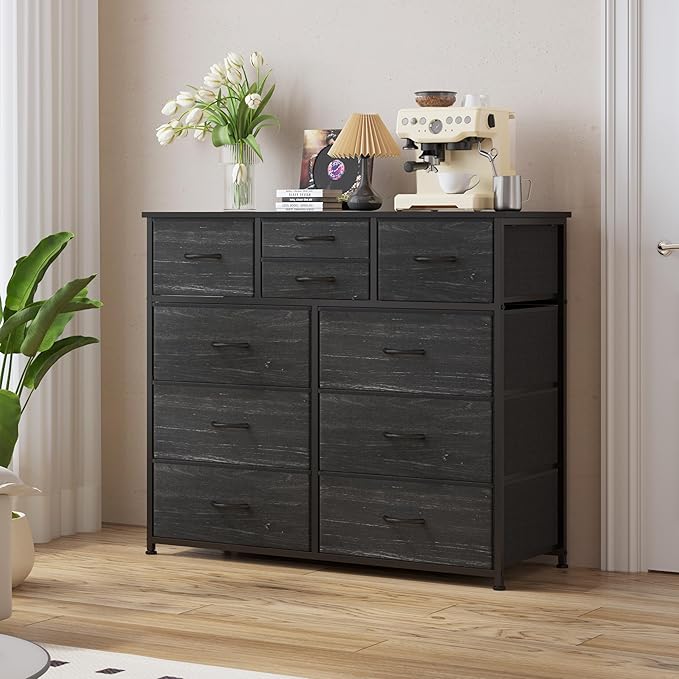 LUMTOK 10-Drawer Dresser, Fabric Dressers Drawers for Bedroom, Hallway, Nursery, Closets, Steel Frame, Wood Top, Easy Pull Handle (Black Wood Veins)