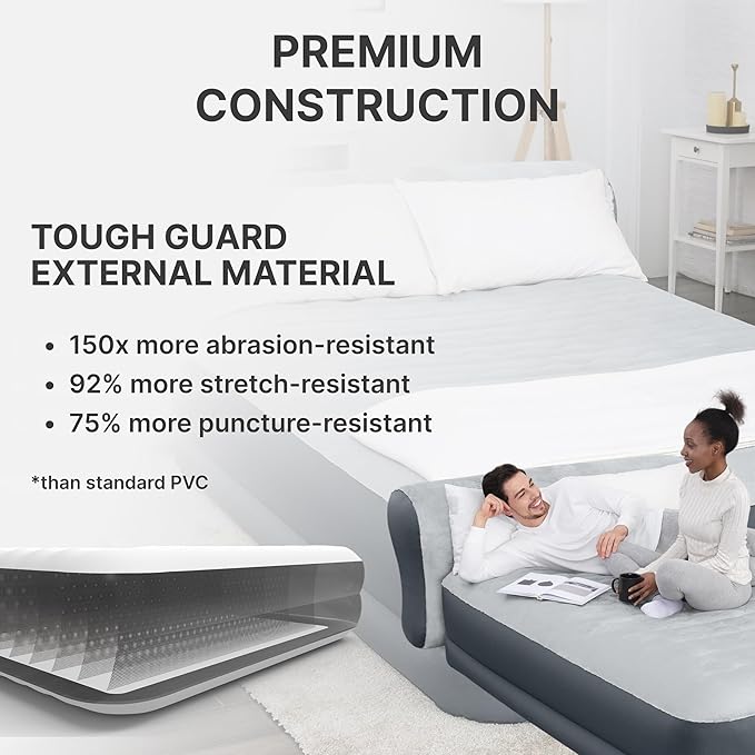 SleepLux Queen Air Mattress with Headboard | Supersoft Snugable Top, Extra Durable Tough Guard | Raised Airbed with Built in Pump + USB Charger (90"x60"x29") Grey