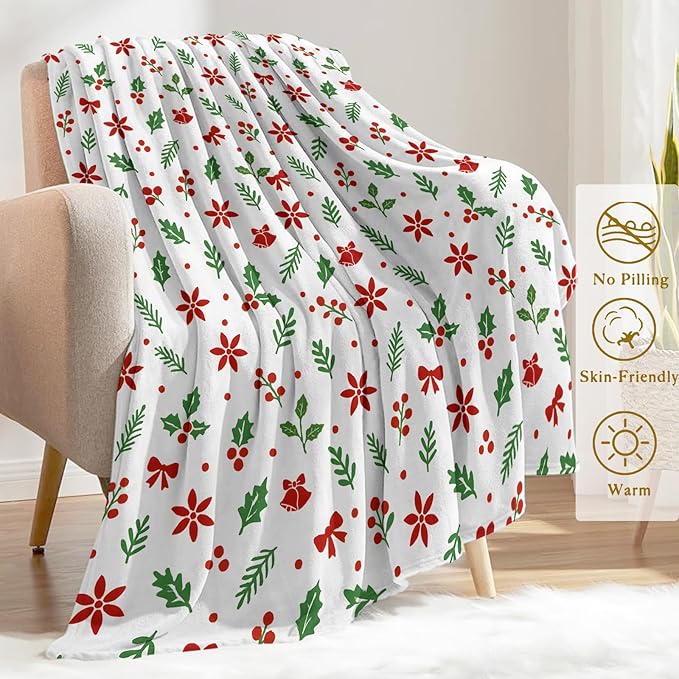 Christmas Decorative Blanket, Poinsettia and Holly Leaf Print Throw Decoration, Soft Flannel Winter Blankets for Couch Bed Sofa, Holiday Home Decor, Xmas Festival Gifts White 50x60 Inch