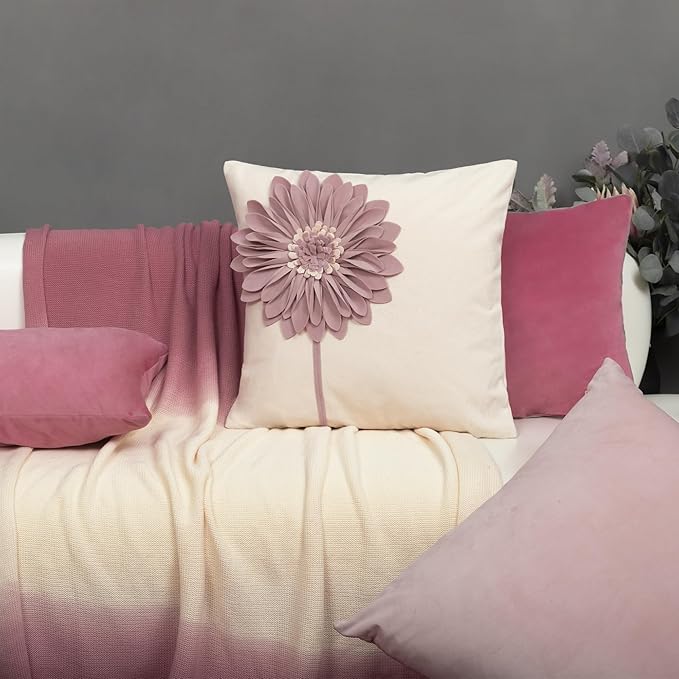 JWH Decorative Flower Throw Pillow Covers 3D Sunflower Pillow Case Velvet Floral Cushion Creamy White Pillowcase for Bed Living Room Couch Chair Decor 18x18 Inches Dusty Pink
