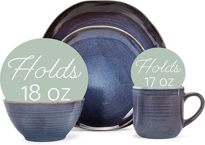 Elanze Designs Reactive Glaze Farmhouse Rustic Boho Ceramic Stoneware Dinnerware 16 Piece Plate Bowl Mug Dish Set - Service for 4, Purple Ombre Blue