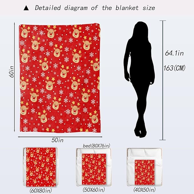 Cute Reindeer Christmas Decorative Throw Blanket, Snowflake Print Decoration, Soft Flannel Winter Red Blankets for Couch Bed Sofa, Holiday Home Decor, Xmas Festival Gifts 40x50 Inch
