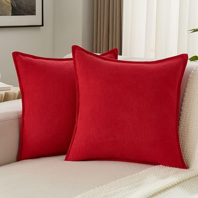 FUTEI Red Chenille Throw Pillow Covers 26x26 Inch Set of 2,Edges Double-Stitched Euro Pillow Shams,Modern Home Decor for Couch Living Room