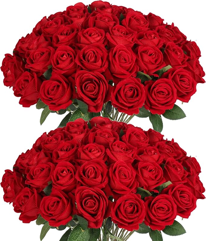 50 PCS Fake Red Roses, Artificial Red Flowers Bulk Realistic Silk Faux Rose with Stems for Wedding Decoration Anniversary Bridal Bouquet DIY Floral Arrangement Romantic Home Decor Gifts