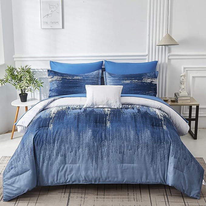Ombre Blue Comforter Set King Size Reversible Gradient Blue Grey Boho Bedding Set for Men Women 8 Pieces Bed in A Bag Bohemian Bed Set With Comforter, Sheets, Pillowcases & Shams, Cushion Cover
