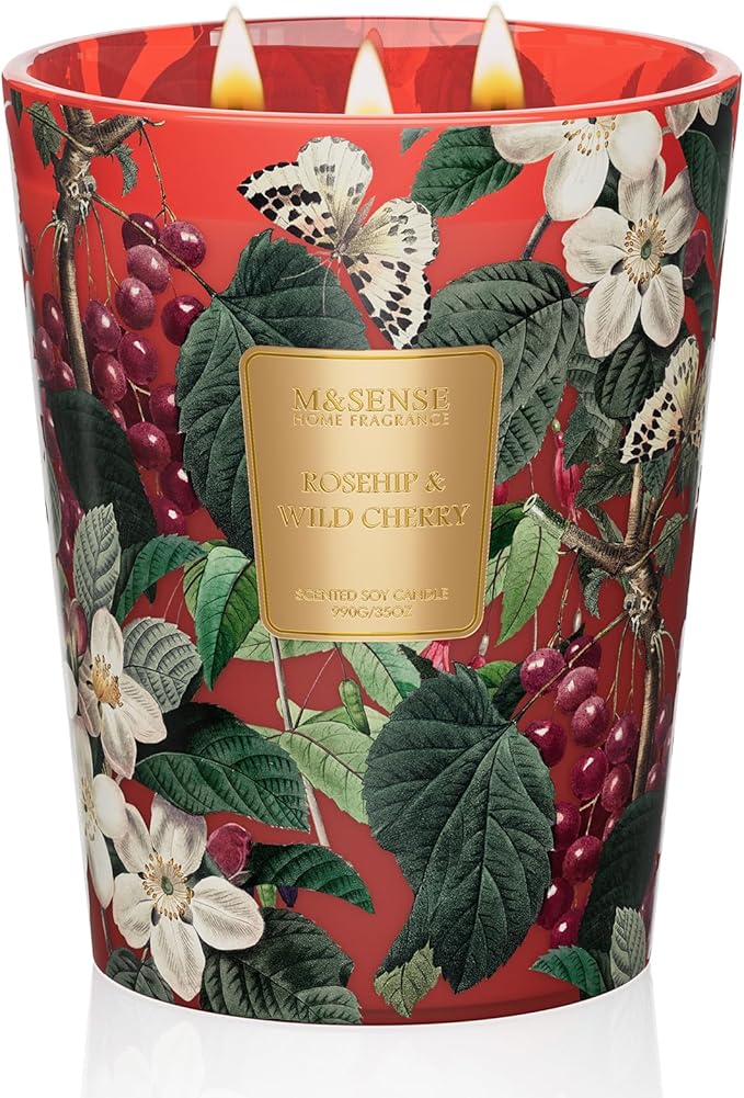 M&SENSE Wild Cherry Scented Candle 3 Wick, 35oz 150H Long Lasting, Soy Candles Fall Winter Stress Relief Romantic Festival Thanksgiving Christmas Gifts for Women Home Decor