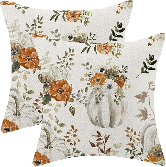 Fall Pillow Covers 20 x 20 Inch, Watercolor Grey Pumpkin Floral Leaf Decor Throw Pillows for Home Couch Bed, Autumn Harvest Thanksgiving Decorative Pillowcase Linen Cushion Cover Set of 2