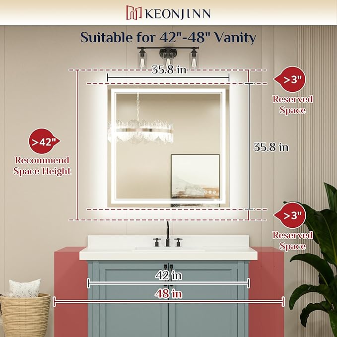 Keonjinn Led Bathroom Mirror with Lights, 36" x 36" Frontlit and Backlight, Stepless 3 Colors Temperature & Dimmable Wall Mirror, UL Listed LED Driver, Double LED Strips Tempered Glass Lighted Mirror