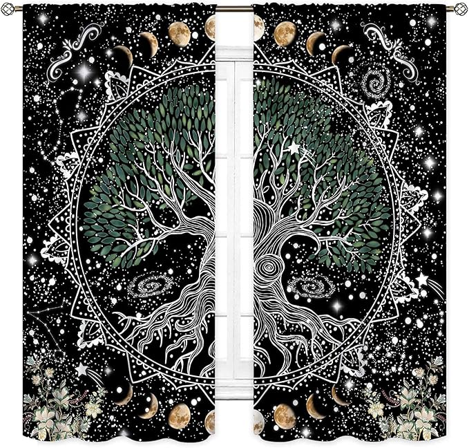 Life Tree Curtains, Hippie Sun Moon Trippy Tree of Life Bohemian Mandala Aesthetci Mystic Witchy Blackout Window Drapery Treatments for Bedroom Living Room Bathroom Decor, 52"x84" Inch