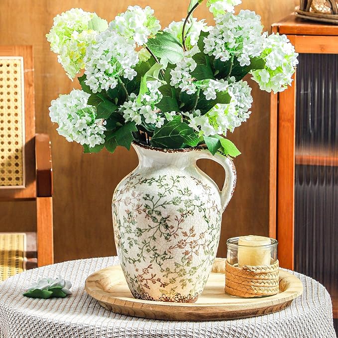 Enra Vintage vase,Ceramic Chinoiserie Floral Vase,Green and Beige Decorative Flower vase,Large Rustic Vases for Home Decors, Living Room, Bookshelf, Office，9.7 inch