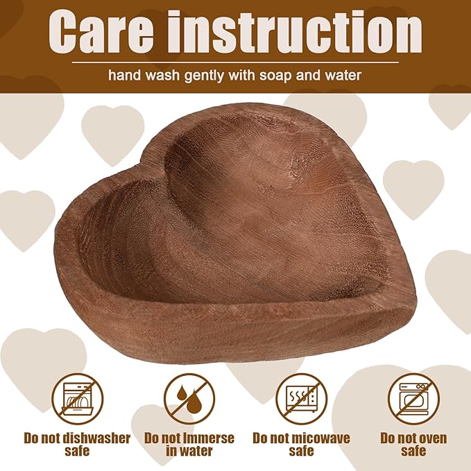 Tioncy 10 Pcs Wooden Dough Bowls - Wood Heart Shaped Hand Carved Paulownia Serving Decorative Bowl Bulk for Home Holding or Making Bread, Fruits, Salad & Candle, 7 Inch