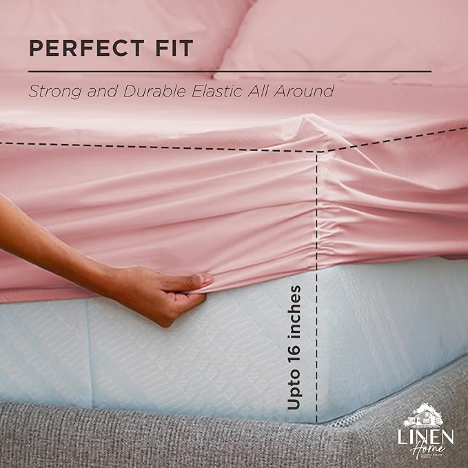 Linen Home 100% Cotton Percale Weave Fitted Sheet, King Size, English Rose, 1 Deep Pocket Fitted Sheet, Fits Mattress Upto 16" Crisp and Cool Strong Bed Linen, 78"X80"+15"