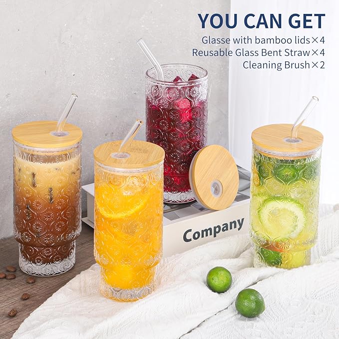 16 Oz Glass Cups Set of 4, Vintage Embossed Floral Glass Tumbler, Iced Coffee Cups with Lid, for Whiskey Cocktail Beer (4 PACK)