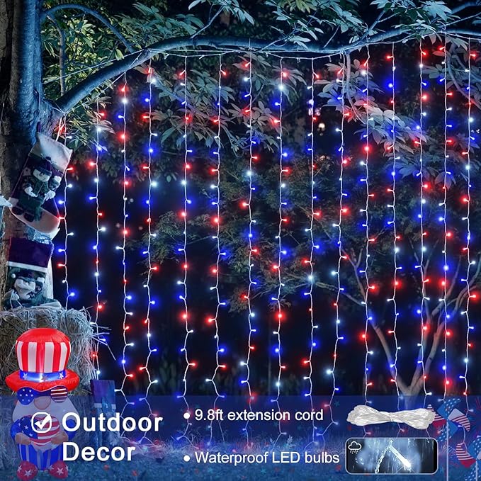 JMEXSUSS 300LED Red White and Blue Lights with Remote, 4th of July Lights Plug in, Patriots Curtain Hanging String Lights for Bedroom Wall Window Backdrop Indoor Outdoor 4th of July Decor, 9.8x9.8ft
