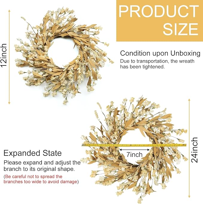 Artgar Fall Wreath, Fall Wreaths for Front Door, 24 in Fall Decor Floral Wreath, Door Wreaths for Front Door Outside All Season for Thanksgiving Home Indoor Outdoor Wall Decor (Wheat)