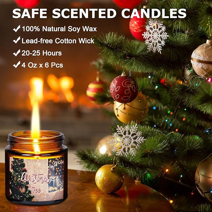 6 Pieces Christmas Scented Candle Christmas Candle Gift Set Christmas Tree,Cookies,Candy,Pine,Chocolate,Mulled Cider Candle for Christmas Decoration