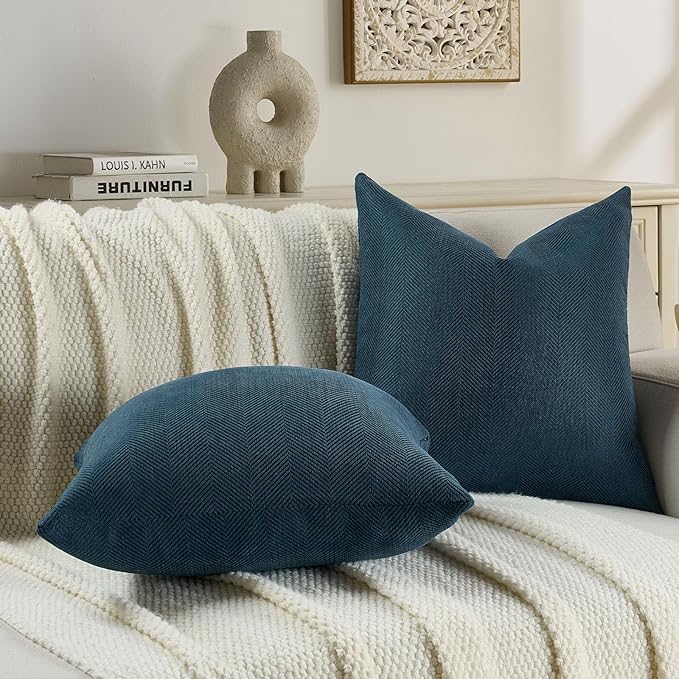 FUTEI Navy Blue Chenille Throw Pillow Covers 26x26 Inch Set of 2,Soft Wide Chevron Textured Euro Pillow Shams,Farmhouse Home Decor for Couch Living Room