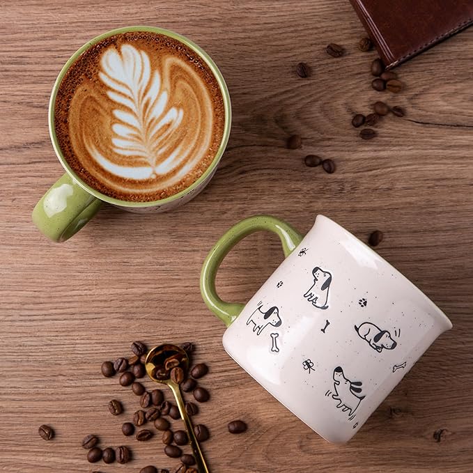 AmorArc 22 OZ Large Ceramic Coffee Mugs Set of 2, Oversized Mugs With Big Handle for Men Women Dad Mom, Big Mug With Textured Dogs Cats Patterns for Office & Home -Microwave Safe, 2 Pcs-Green