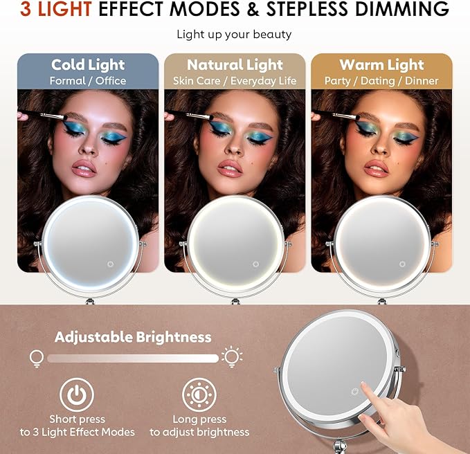 9" Wall Mounted Lighted Makeup Mirror,4000mAh Rechargeable Double Sided 1X/20X Magnifying Mirror with Light,Touch Dimmable,Extended Arm 360 Rotation Wall Mounted Makeup Mirror 3 Color Lights