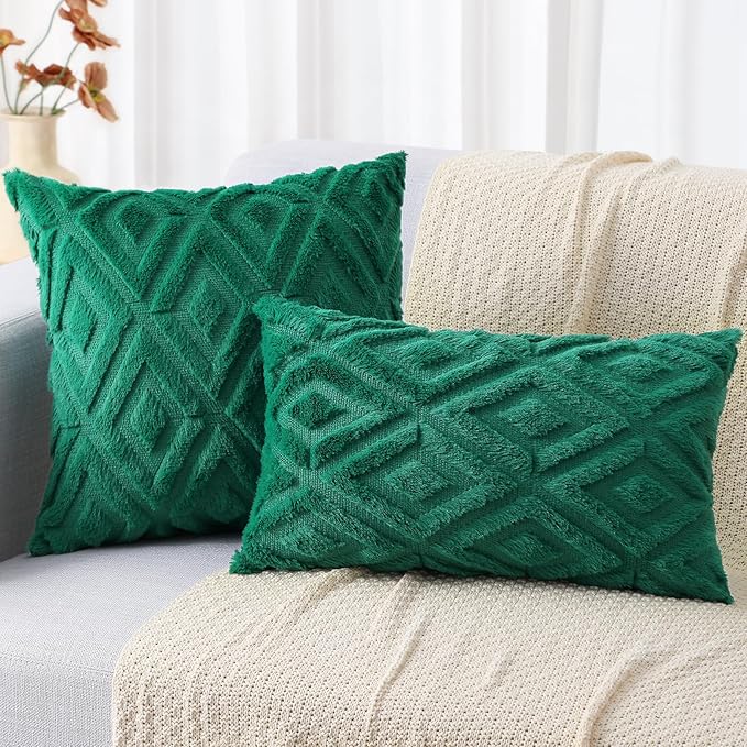 decorUhome Christmas Couch Throw Pillow Covers 20x20 Set of 2, Decorative Soft Plush Faux Wool Neutral Accent Pillow Covers for Bed Sofa Living Room, Green