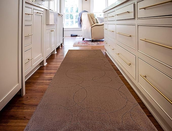 Custom Size Modern Geometric Pattern Carpet Runner Rug for Hallways, Slip Resistant Latex Rubber Backed, 31 inch Wide X Customized Length, Circles Brown, 31 inch X 3 feet, Doormat Size