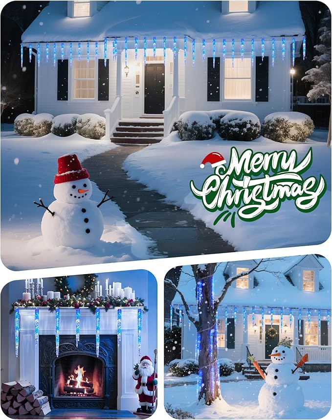 Minetom Icicle Lights Outdoor with Clips, 2 Pack Total 40ft 200 LED 40 Tubes Twinkling Connectable Hanging Ice Shape Christmas String Lights Plug in for Eave Holiday Outdoor, Blue and White