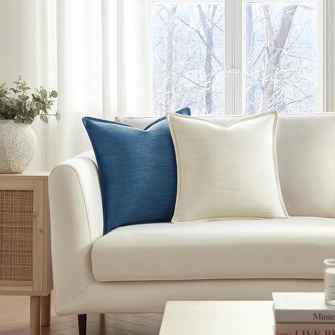Meekio Set of 2 Deep Blue Pillow Covers 18x18, Linen Look Throw Pillow Covers with Flange Edge for Sofa Couch Living Décor