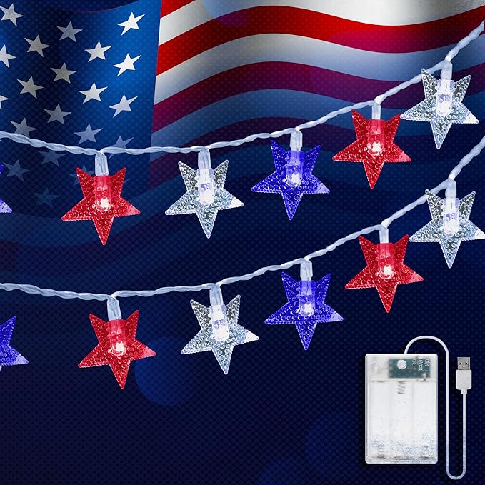 4th of July Decorations Red White and Blue Star String Light Battery Operated 10FT 20 LED Indoor Outdoor Waterproof Twinkle Patriotic Fairy Lights for Independence Day Memorial Day