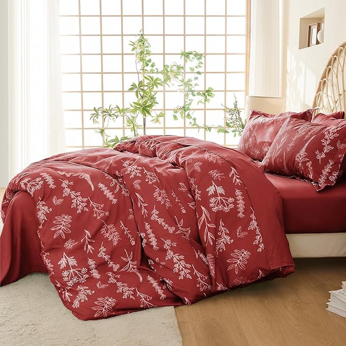 MUXHOMO Terracotta Bed in a Bag Queen 7 Pieces, Queen Comforter Set Reversible Botanical Flowers Design, Ultra Soft & Breathable Bedding Sets with Comforter, Sheets, Pillowcases & Shams
