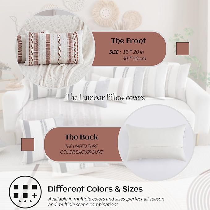Decorative 2 Packs Boho Burnt Orange Striped Lumbar Pillow Covers 12x20 Inch Coastal Accent Long Throw Pillows, Neutral Farmhouse Textured Throw Pillowcase for Couch Bedroom Living Room Chair