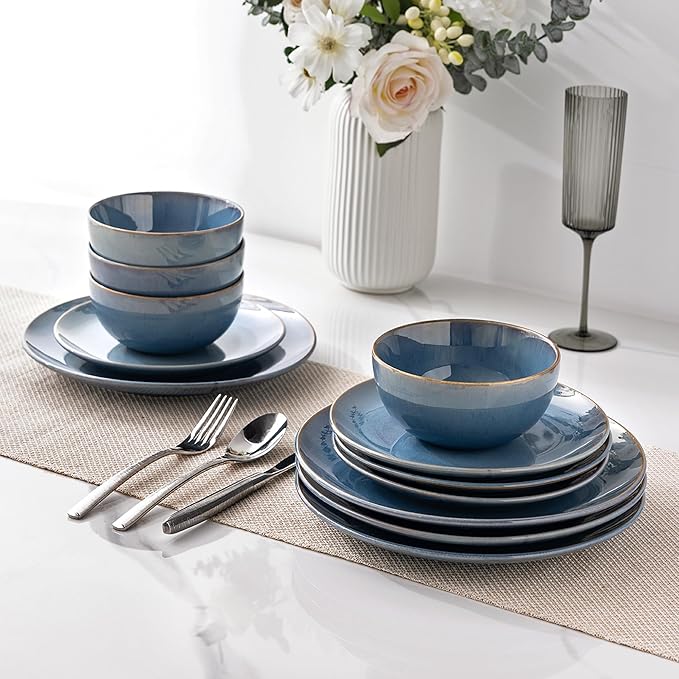 GBHOME Ceramic Dinnerware Sets for 6, 18 Pieces Stoneware Plates and Bowls Sets, Reactive Glaze Dishes -Scratch Resistant, Dishwasher&Microwave Safe-Alaskan Blue