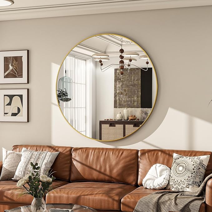 Round Mirror Wall Mounted Mirror - 32" Circle Mirror Bathroom Vanity Mirror with Aluminum Frame for Bedroom Living Room, Entryway Decor Gold Mirror