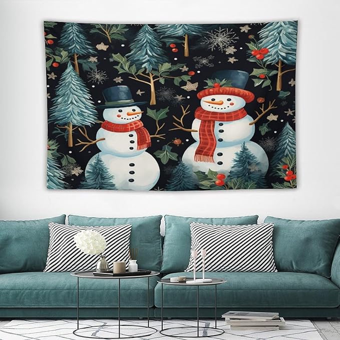 Snowman Couple Tapastry's Wall Hanging Christmas Winter Snowman Tapestry Vintage Aesthetic Tapestries Landscape Tapestry for Bedroom Aesthetic Home Decor 60"x90" Christmas Family Party
