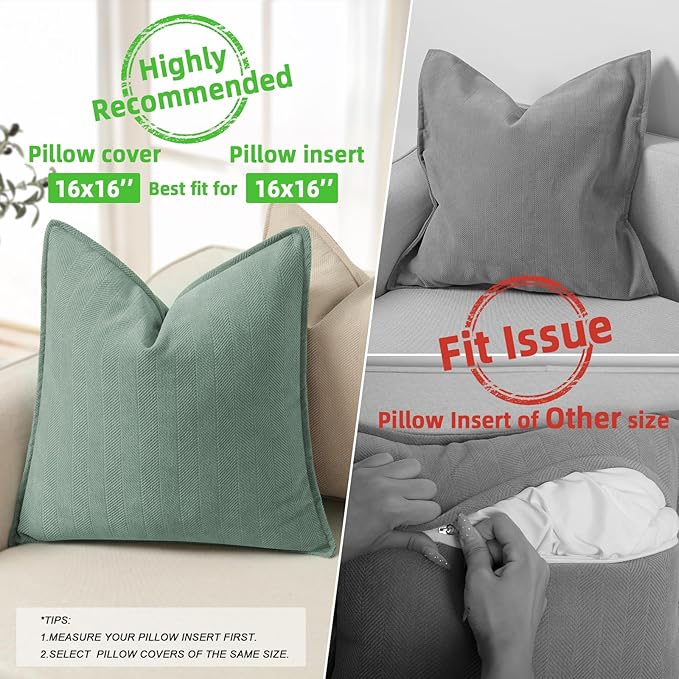 ZWJD Dusty Green Pillow Covers 16x16 Set of 2 Chenille Throw Pillow Covers with Elegant Design Soft and Luxurious Decorative Throw Pillows for Couch, Bed, and Home Decor