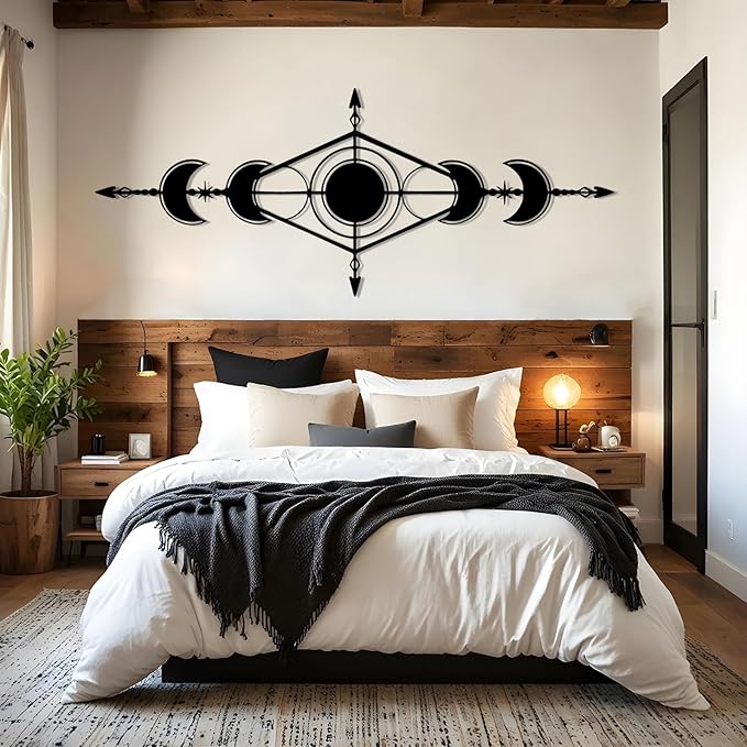 Hfrolixit Moon Phase Metal Wall Decor, Boho Moon Metal Wall Art, Celestial Wall Decor, Scandinavian Natural Wall Art, Astrology Wall Hanging (White, 48"x19"/121x49cm)
