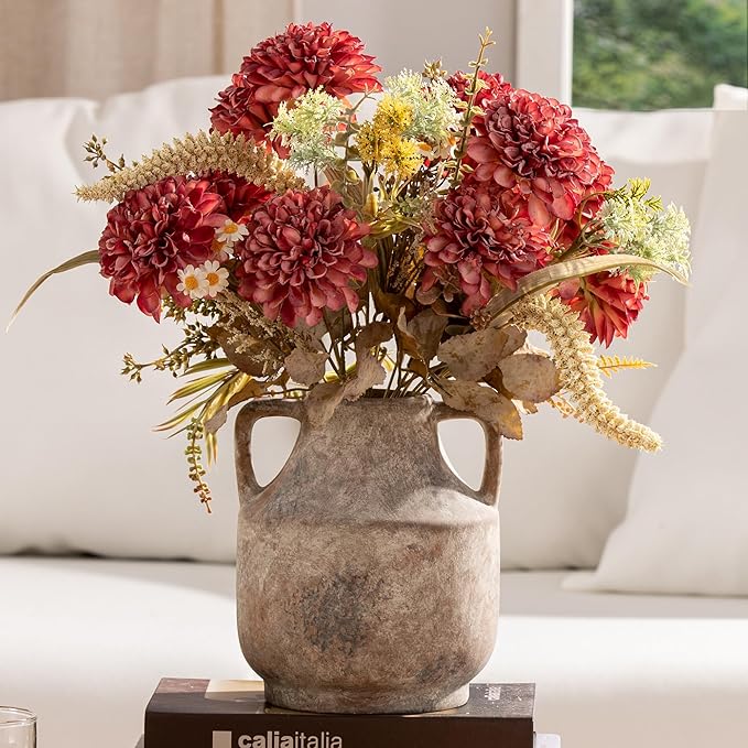 Mitt&Ditt Ceramic Flower Vase with Handles, 8 inch Tall Off-White Vase, Decorative Terracotta Vases, Farmhouse Rustic Pottery Vases for Home Decor, Living Room, Table