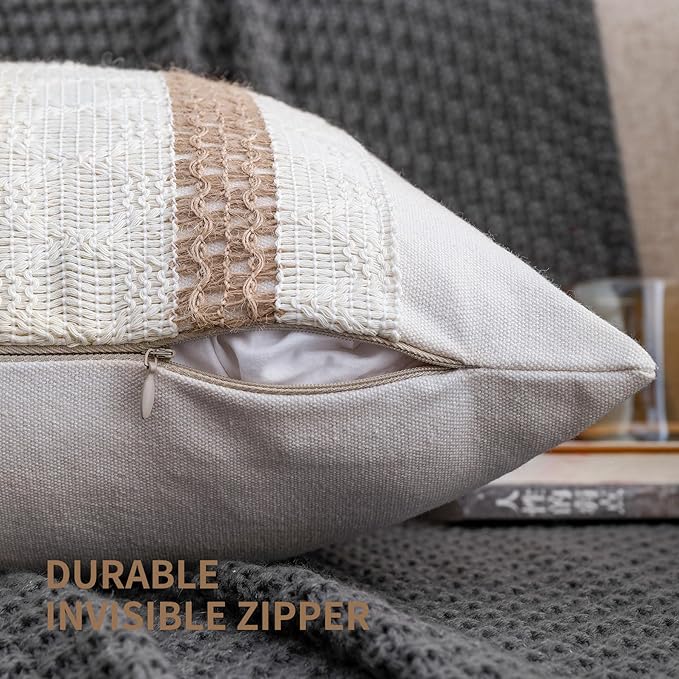 Boho Throw Pillow Covers 18x18 Set of 2 Soft Linen Farmhouse Pillow Covers Rustic Neutral Decorative Pillow Cases for Couch,Bed,Living Room Home Decor